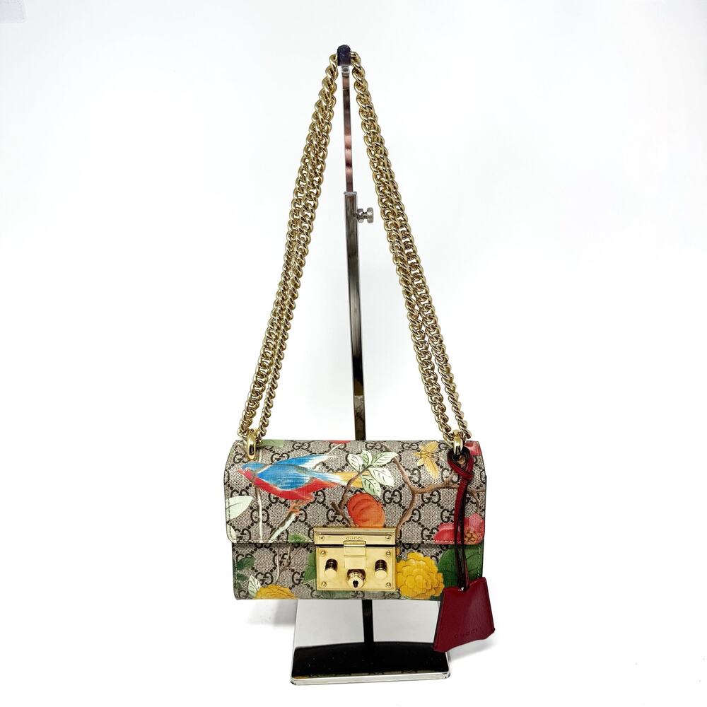 Gucci Tian Padlock Small Shoulder Bag GG Supreme Canvas Bird Floral 409487